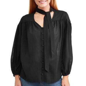 Time And Tru Black Semi Sheer Tie Front Blouse with Balloon Sleeves Size L